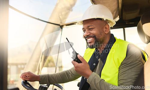 Image of Forklift driver and black man talking on radio for professional cargo shipping communication. African cargo transportation worker for ecommerce enjoying conversation with portable device.