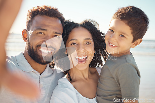 Image of Family selfie portrait at beach holiday, summer vacation and seaside relaxing together. Faces of excited, smile and happy mom, dad and boy kids taking photos for fun, happiness and sunny ocean travel