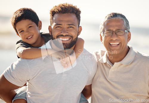 Image of Happy outdoor adventure, portrait of family on beach in Rio de Janeiro and generations of men travel together. Young boy child on fathers back, dad with smile and proud elderly grandfather vacation