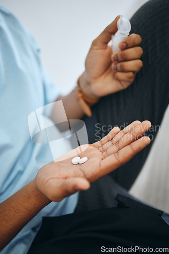 Image of Man hands, medicine pills and medical tablet treatment for sick, healthcare and pharmaceutical drugs help. Closeup person daily capsules of antibiotics, wellness vitamins and pain healing supplements