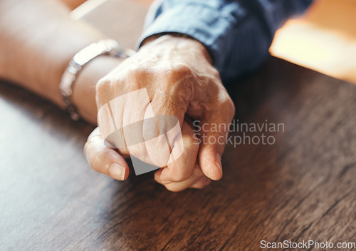 Image of Marriage senior couple holding hands in for support, mental health and care after bad news, results or sick. Love, trust and help with retirement people for depression, family or healthcare problem