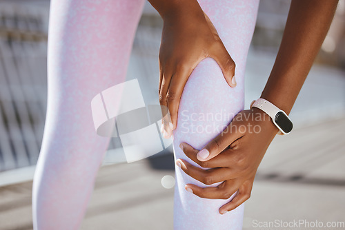 Image of Black woman, hands or knee pain from running, workout or city training for wellness, health or cardio. Zoom, runner or sports injury from fitness workout accident, stress burnout or medical emergency