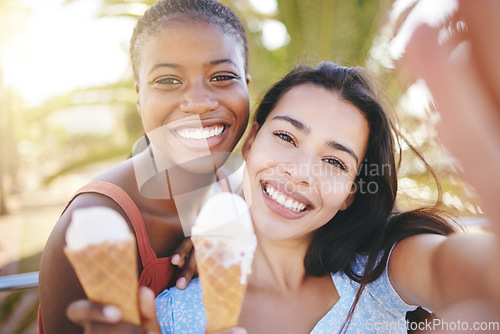 Image of Women, ice cream or selfie in summer travel, holiday or vacation in Miami Florida. Zoom, happy or smile portrait of friends or fashion students pov for social media photograph with sweet dessert food