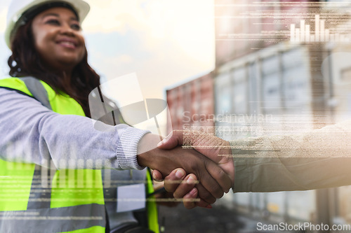 Image of Handshake in distribution, logistics and shipping partnership, networking and deal in industrial cargo, factory management and freight. Shaking hands, global export support and b2b sales on overlay