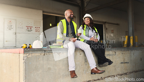 Image of Business people, logistics, and lunch break at work site relaxing, talking and enjoying free time on the job. Black man and woman employee in shipping yard, warehouse or factory industry at rest