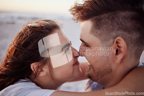 Image of Love, happy and face of couple on the beach smile with connection, bonding and happiness on ocean holiday. Hug, partnership and romantic man and woman enjoy quality time together in Rio de Janeiro