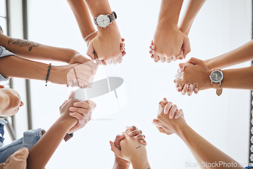 Image of Motivation, friends and holding hands from low angle for support and care with commitment mockup. Trust, hope and solidarity in friendship with supportive people who appreciate togetherness.