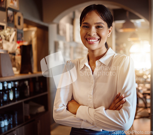 Image of Woman, waitress and manager of restaurant, coffee shop and cafe with motivation vision, trust and waiter service. Portrait, smile and happy small business server, worker and employee in food industry