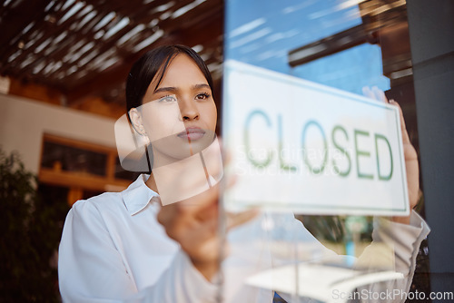 Image of Restaurant small business, closed sign and waiter woman at local coffee shop startup finish service. Hospitality Mexico girl waitress manager, glass door and cafe store entrance notice announcement