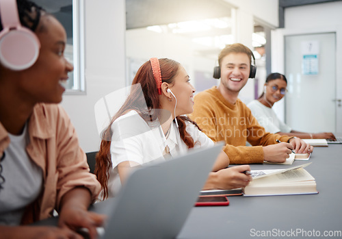 Image of Music, studying and students learning at a university with notebook and technology in a classroom. Friends with smile for education and audio on headphones while doing a group project at college