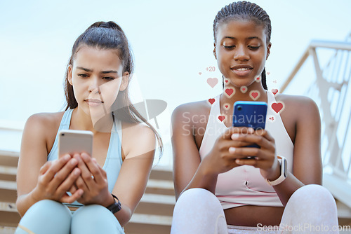 Image of Social network, smartphone and fitness women friends or influencer partner with love emoji notification graphic icon. Sports girl on social media confused with algorithm update and digital connection