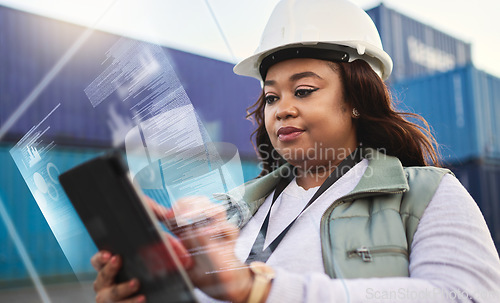 Image of Supply chain, tablet and futuristic with a black woman logistics worker busy on a ux dashboard for online order. Digital, shipping and delivery with a courier at work on a container yard with overlay