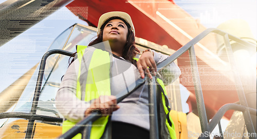 Image of Engineer, black woman and logistics manager showing leadership wearing safety vest and hardhat on tractor at shipping yard or construction site. Female working as an inspector or foreman in Africa