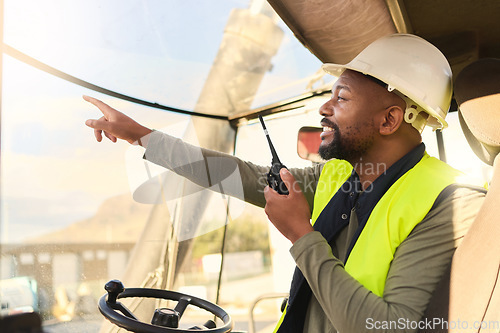 Image of Logistics, radio communication and delivery truck driver or forklift operator in shipping container yard. Industrial cargo area, black man in safety gear and driving cargo for global export company.