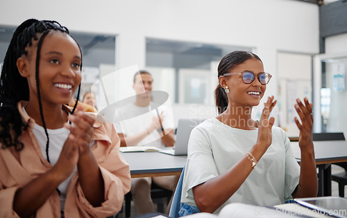 Image of Education, presentation and students applause in classroom workshop for learning success and development. Smile, college and university audience clapping hands for motivation for studying goals