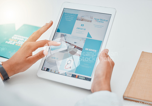 Image of Hands, tablet and contact us with healthcare marketing or advertising on a website in the medical industry. Health, medicine and insurance with ux design on a wireless technology screen in a hospital