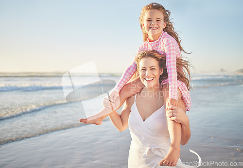 Image of Beach walk, child smile and mother carrying kid on holiday by sea in Australia during summer family travel. Portrait of girl and mom playing with piggyback on vacation in nature to relax with mockup