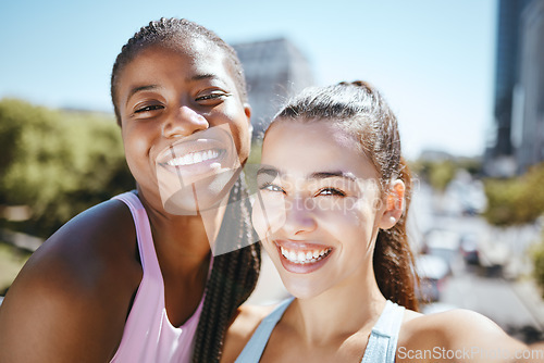 Image of Interracial woman, friends and selfie smile for sports health, workout and exercise together in the city. Portrait of happy athletic women smiling in happiness for friendship photo in a urban town