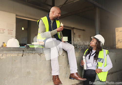 Image of Cargo warehouse and black people relax on break together for professional coworker friendship. African ecommerce management and delivery industry workers enjoy lunch and friendly conversation.