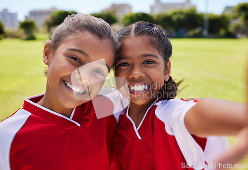 Image of Girl, selfie and friends on field for soccer with happiness at training, game or competition. Team, children and happy together smile on grass for football, exercise or match in Los Angeles in summer