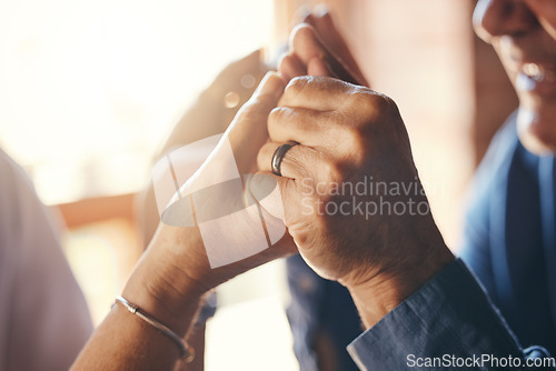 Image of Support, love and senior couple holding hands for marriage romance, care and trust together. Comfort, compassion and closeup of elderly man and woman in retirement with jewelry, hope and happiness.