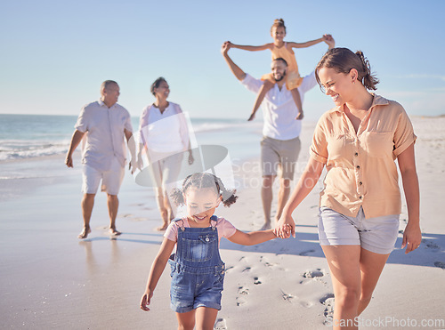 Image of Family, mother and girl holding hands beach on summer holiday in Mexico. Footprints, memories and a happy woman with child at the ocean. Grandma, grandpa and kids with mom and dad walking on sea sand