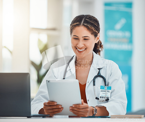 Image of Hospital, doctor and video call on tablet with happy communication online with patient in Canada. Healthcare woman on internet with technology app for virtual consultation conversation in office.