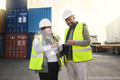 Image of Logistics, tablet and black woman and man in container shipping yard checking online inventory list. Industrial cargo area, African workers in safety gear working for global freight delivery company.