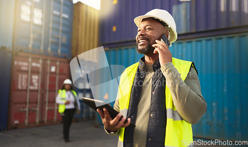 Image of Logistics, shipping and construction worker on the phone with tablet in shipyard. Transportation engineer on smartphone in delivery, freight and international distribution business in container yard