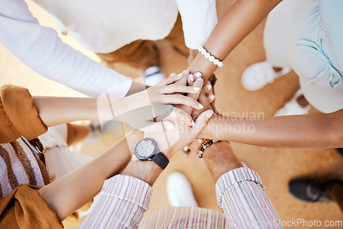 Image of Community, support and diversity with hands of friends on travel or vacation for goals, team building and collaboration. Motivation, vision and networking with group of people in a circle for trust