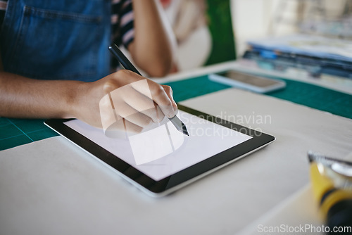 Image of Mockup, screen and tablet of designer drawing for creativity while working in art workshop. Hands of artist, painter or animation worker with creative idea for advertising project at table in office