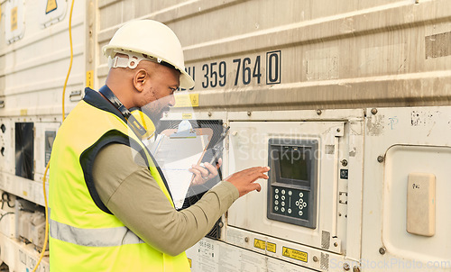 Image of Logistics, supply chain and security with a man shipping professional using a keypad password on on a commercial container dock. Documents, delivery and storage with a male courier at work with stock