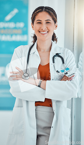 Image of Doctor expert, medical portrait and woman consulting in a hospital, working in healthcare and happy after surgery at work. Cardiology nurse with smile for professional health and care for people