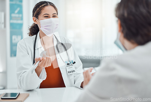 Image of Covid doctor, medical healthcare and patient talking to expert about insurance for surgery, sick results and help during consultation. Nurse consulting with person about covid 19 advice in office