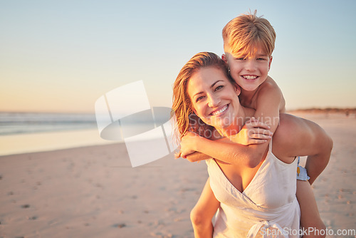 Image of Mom, piggyback kids and portrait at beach holiday, summer vacation and ocean relax together for fun, freedom and quality time in Australia. Happy mothers day, excited boy children and sunshine sea