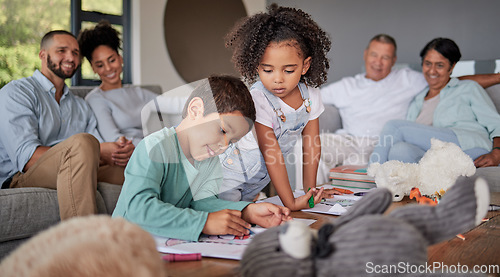 Image of Children, family and learning while drawing art for creative fun with brother and sister in home lounge with multi generation bonding. Boy and girl kids playing with supervision of men and women