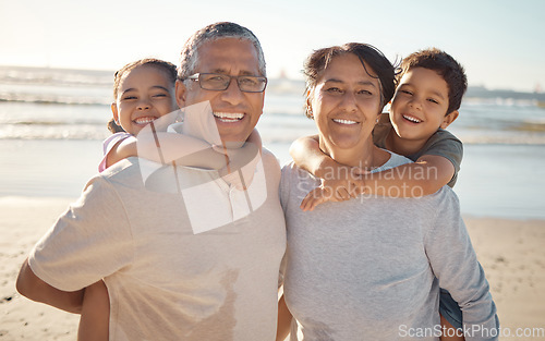 Image of Family on beach with grandparents and kids for summer or holiday, senior wellness and growth development. Young happy kids with grandmother and grandfather with sunshine, ocean for outdoor fun