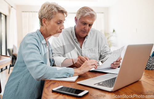 Image of Communication, discussion and couple with paperwork planning financial strategy budget plan. Senior man and woman with documents review finance expenses, retirement plan or mortgage banking payment