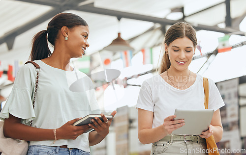 Image of International expo, digital and diversity students women talking of college application, future career goals and education innovation idea. Gen z people at a school convention for global networking