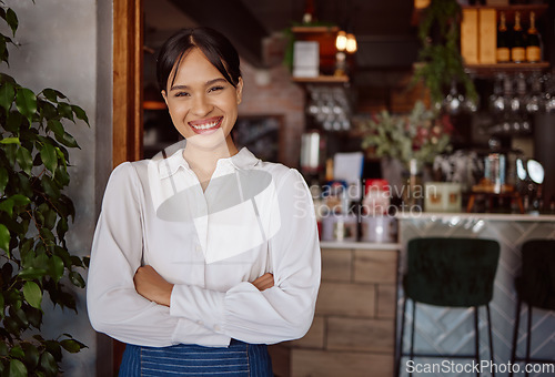 Image of Small business success, cafe restaurant and happy woman leader portrait in Costa Rica hospitality industry. Confident coffee shop manager, waiter food service with apron and store entrance welcome