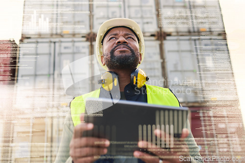 Image of Supply chain logistics, futuristic digital transformation and black man with tablet in shipping industry. Technology software innovation, big data automation and distribution inventory online future