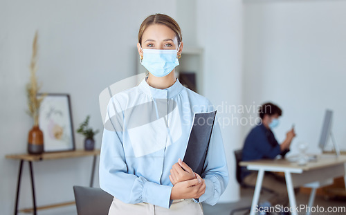 Image of Covid business woman, portrait and face mask rule for staff safety, healthcare and corona virus risk in startup agency. Female manager, entrepreneur and covid 19 pandemic protection in modern office