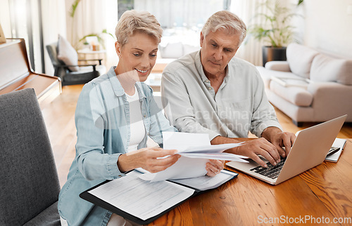 Image of Retirement couple budget, finance and investment planning, loan and paper bills with laptop technology at home. Mature people money, cash savings and legal insurance document report on online banking