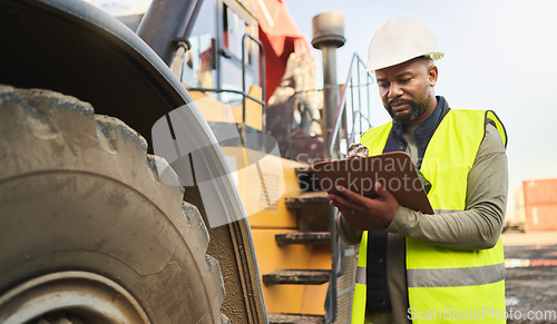 Image of Logistics man, crane and writing on clipboard for delivery stock check, shipping cargo or supply chain manufacturing product. Thinking industrial manager, worker and employee with ecommerce documents