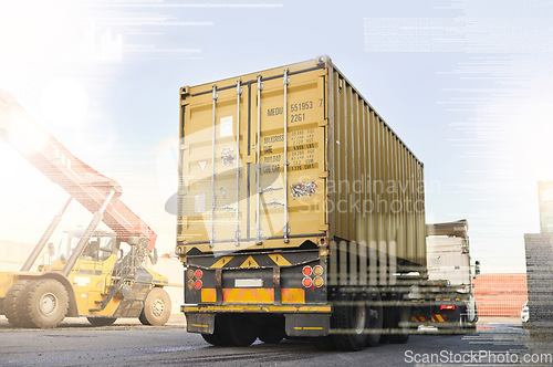 Image of Logistics truck, shipping and transportation of cargo at a supply chain port ground. Ecommerce stock, delivery service and trade of commercial freight container at an outdoor manufacturing warehouse