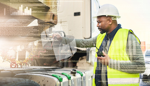 Image of Logistics, walkie talkie and black man by truck, shipping or supply chain worker in text overlay. Portrait, container industry and inspection, employee radio communication or double exposure graphs.