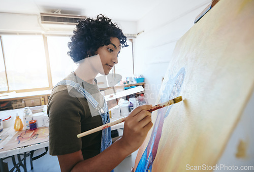 Image of Art, creative and artist painting in studio for exhibition with watercolor and oil paint. Professional Indian woman painter with a paintbrush in hand, search for inspiration for work on canvas