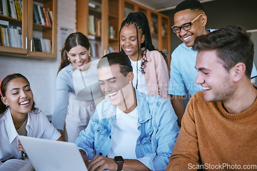 Image of Diversity, university and students group planning and strategy for school project or sharing ideas, communication and laptop. Happy, scholarship and young people discuss and studying for a exam