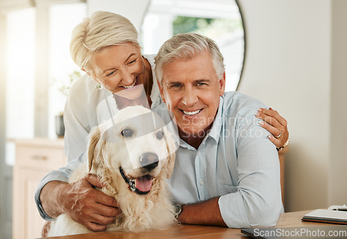 Image of Senior couple, happy dog and smile of people in a home with quality time together. Animal love and happiness of elderly people with a pet golden retriever hug portrait in a house relax in retirement