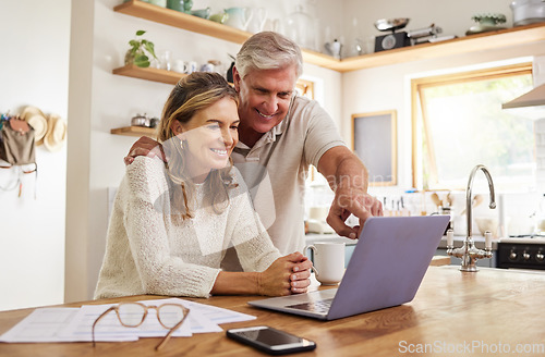 Image of Happy pension couple with laptop and paperwork for retirement planning, online ecommerce website or digital bank application investment. Elderly, senior people for life insurance or asset management